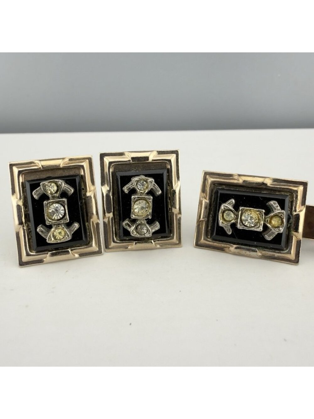 Vintage Art Deco Rhinestone Crystal Cufflinks Tie Clip Set Black Gold Tone